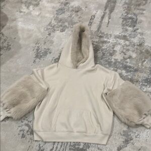 Women's Cream Hoodie with Faux Fur Sleeves